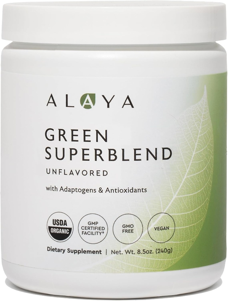 Alaya Bio Super Greens Poudre - Supplément de jus vert Premium Poudre - Adaptogènes, Antioxydants et Probiotiques Mélange - USDA Organique, Non-OGM, Vegan - 30 portions (non aromatisées)