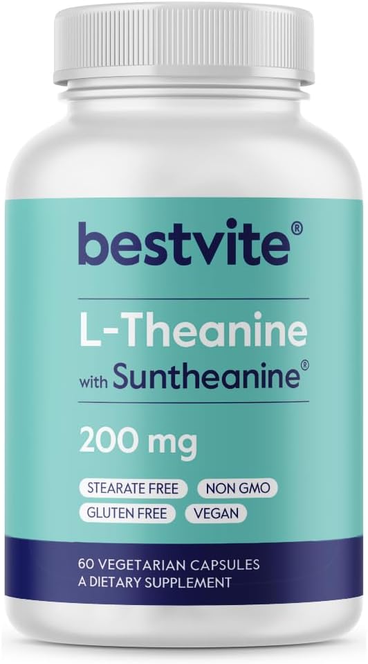 BESTVITE Double Strength Suntheanine L-Theanine 200mg – Breveté et cliniquement étudié – 60 Capsules Végétariennes – Vegan – Pas de Stéarates – Non OGM – Sans gluten – Soutien à la relaxation