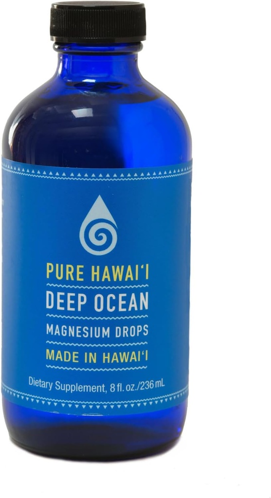 Bouteille de recharge 8oz pour les gouttes de magnésium de l'océan profond de Pure Hawaii – Fabriquée à Hawaii – avec d'autres minéraux traces – Aides au cerveau, à l'humeur, aux muscles, aux nerfs et à la santé cardiovasculaire