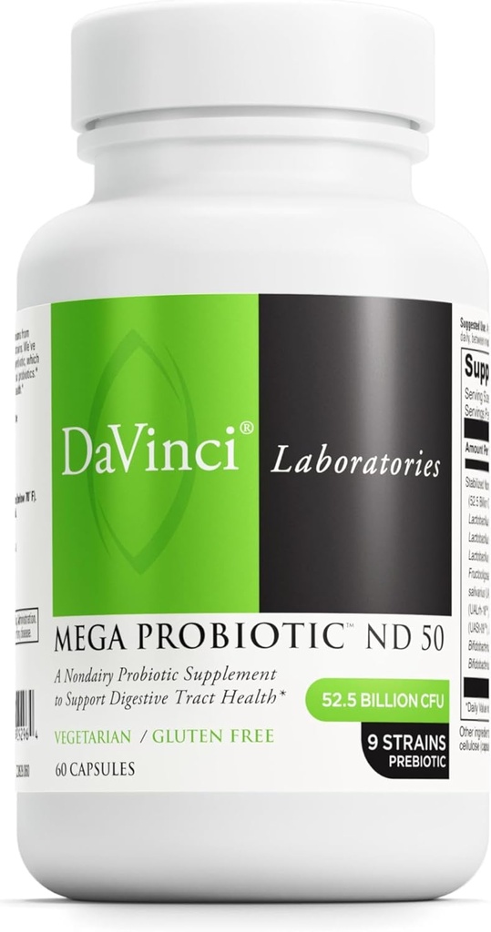 DAVINCI Labs Mega Probiotic ND 50 - Supplément probiotique non laitiers avec fibre prébiotique - Soutien de santé digestif et immunitaire* - Soutien gorgé avec bactéries bénéfiques* - 60 capsules végétariennes