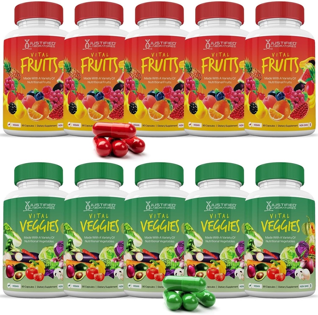 Justified Laboratories (10 Pack Vital Fruits and Veggies Supplement Whole Food Red & Green Superfoods Non GMO Vegan Friendly 900 Veggie Capsules 10 Bottles