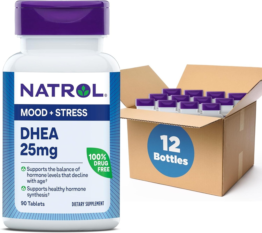 Natrol Mood & Stress DHEA 25mg, supplément pour équilibre du niveau d'hormone, 90 comprimés, 90 jours d'approvisionnement