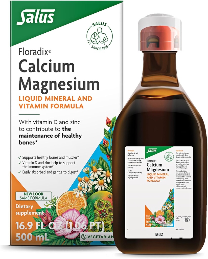 Floradix Calcium Magnésium Liquid Mineral & Vitamine Formula - Supplément Bone Support avec Calcium, Magnésium, Vitamine D & Zinc - Végétarien et Non-OGM - 16,9 fl oz