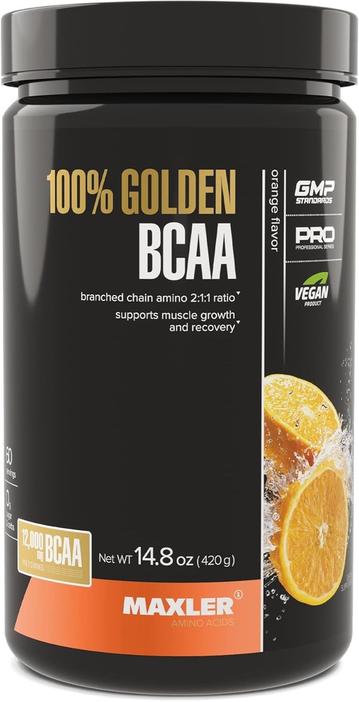 Maxler 100% Golden BCAA poudre - intra et post-entraînement boisson de récupération pour la récupération accélérée des muscles et la croissance musculaire maigre - 6 g Vegan BCAAs acides aminés - 60 portions - orange