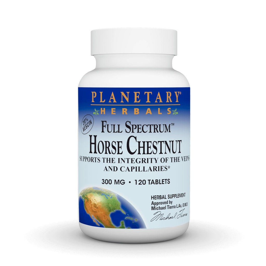 Herbes planétaires Châtaigne de cheval à spectre complet, soutient l'intégrité des veines et des capillaires*, 500 mg - 120 comprimés