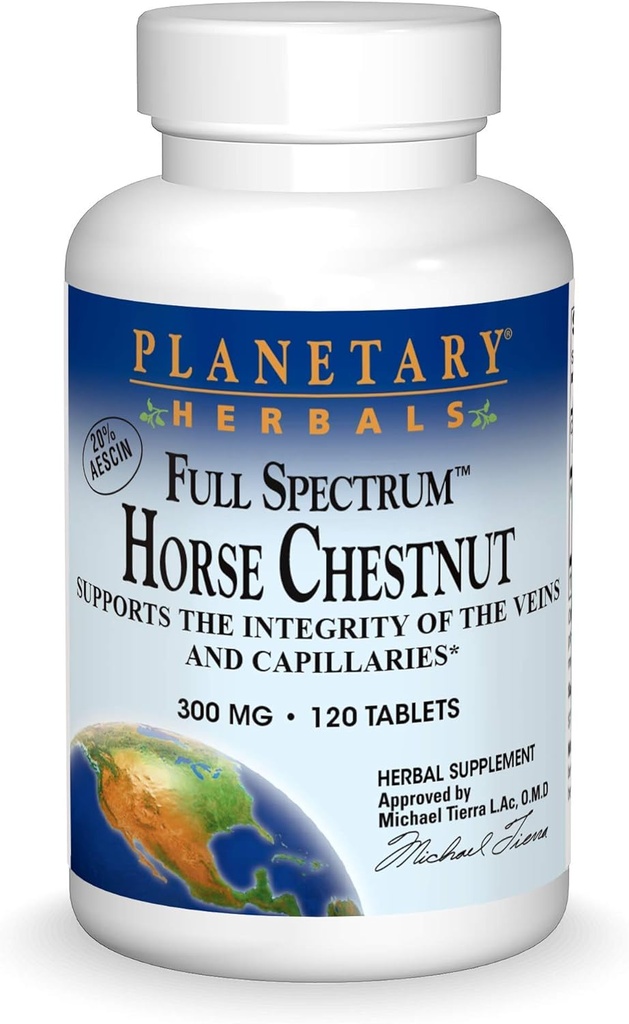 Herbes planétaires Châtaigne de cheval à spectre complet, soutient l'intégrité des veines et des capillaires*, 500 mg - 120 comprimés
