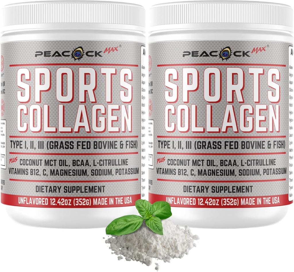 Poudre de collagène de sport, 12,42 oz, boîte de 2 - Bovine de féverole et poisson sauvage Hydrolysée de type I, II, III Peptides multicollagènes, poudre de protéines non aromatisée avec BCAA, Magnésium et électrolytes