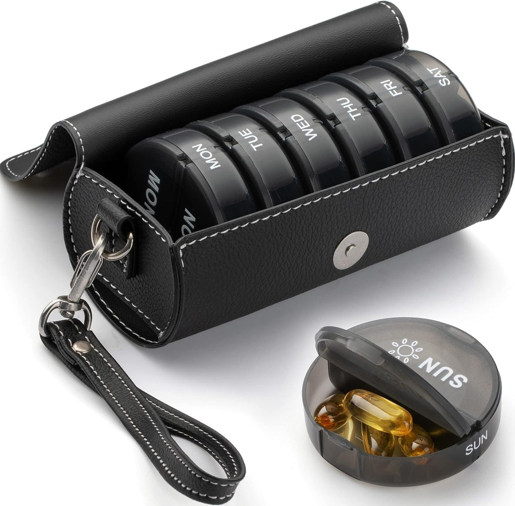 Weekly Pill Organizer 2 Times a Day,AM PM Large Daily Pill Box with PU Leather Case for Travel,Round Medicine Organizer,7 Day Pill Container for Vitamin Fish Oils Supplement-Black