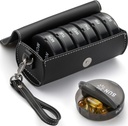 Organisateur hebdomadaire de pilules 2 fois par jour, AM PM Grande boîte quotidienne de pilules avec étui en cuir PU pour les voyages, Organisateur de médicaments ronds, Conteneur de pilules de 7 jours pour les huiles de poisson vitaminées Supplément noir