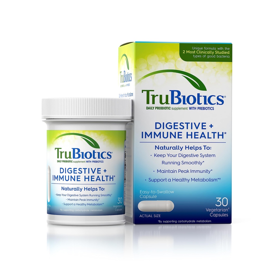 TruBiotics Probiotiques pour la santé digestive et immunitaire, soutient la régularité et aide à soulager les troubles abdominales, le gaz et le ballonnement, 2 souches probiotiques étudiées cliniquement, plus les prébiotiques, 30 capsules