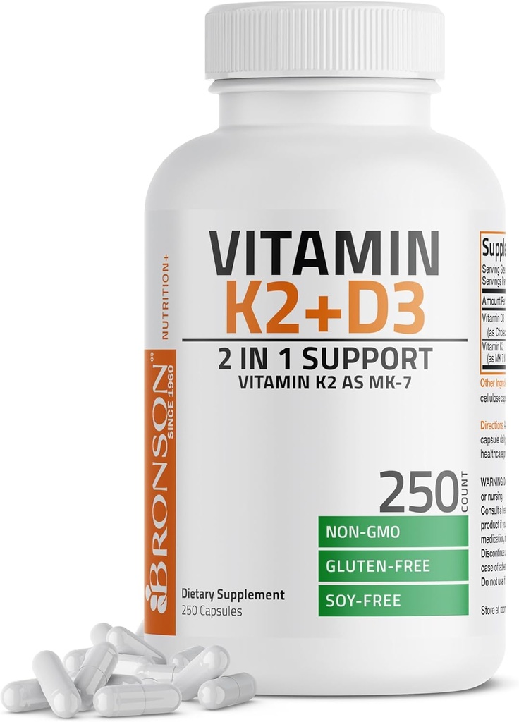 Bronson Vitamine K2 (MK7) avec supplément D3 Formule non-OGM 5000 UI Vitamine D3 & 90 mcg K2 MK-7 Complexe D & K facile à avaler, 250 capsules
