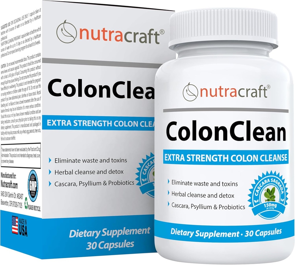 Nutracraft ColonClean #1 Détox Colon et Relief de Constipation.Senna, Cascara Sagrada, Psyllium, MCT, Aloe et Probiotiques.