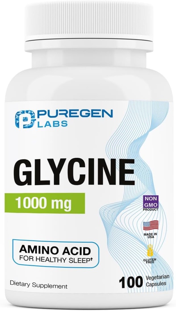 Puregen Labs Glycine 1000mg [High Potency] 100 Capsules végétariennes, favorise un sommeil en bonne santé.