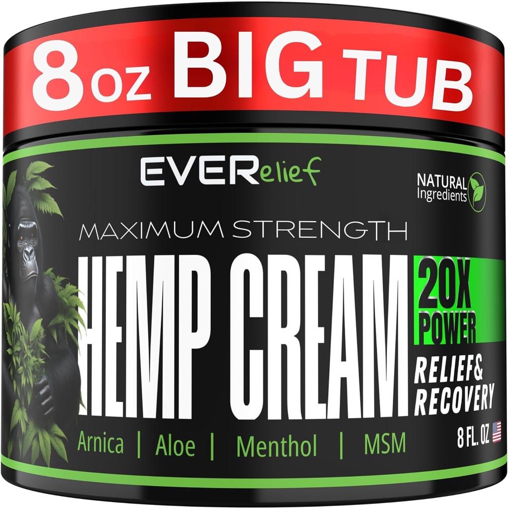 Crème de chanvre Crème de soulagement maximale de la force 8 OZ - Relieve Knee, Hip, Joint, Muscle & Lower Back Pain Support.