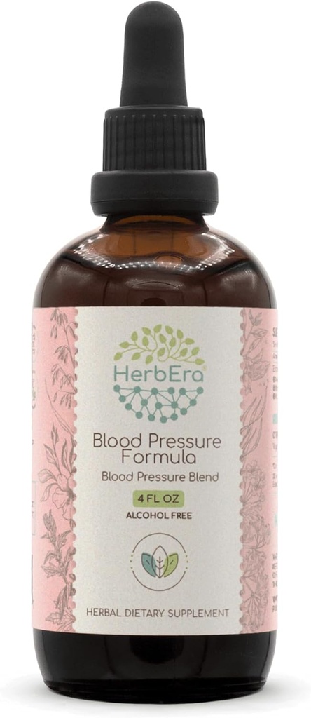 HerbEra Formule de pression artérielle B120 Teinture d'extrait sans alcool: Feuille d'épine, Herbe mère, Poivre Cayenne, Fleur d'hibiscus, Spiruline. Mélange de pression artérielle 4 Fl Oz