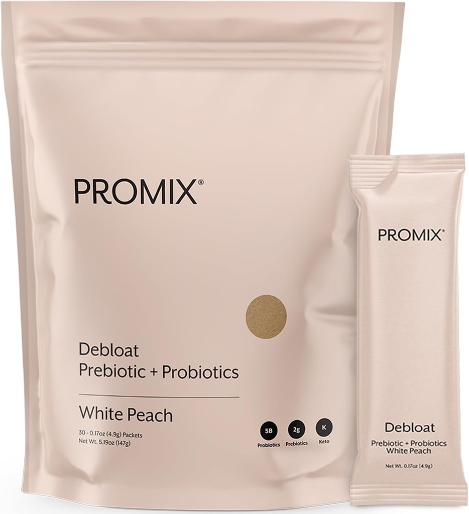 ProMix Nutrition Debloat Prébiotiques et probiotiques, Bloating Relief pour les femmes, Gut Cleanse Detox pour les hommes et le soutien immunitaire - Pêche blanche - 30 portions (paquet de 30)