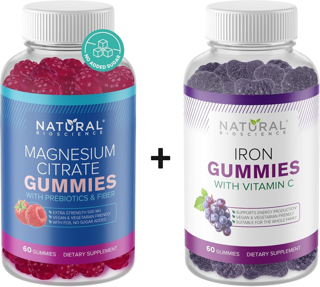 Gommies de magnésium sans sucre pour adultes 500 mg et Gommies de fer avec vitamine C pour adultes et enfants, végétalien, sans gluten, relaxation, soutien énergétique, non-OGM, 60 vitamines gommy