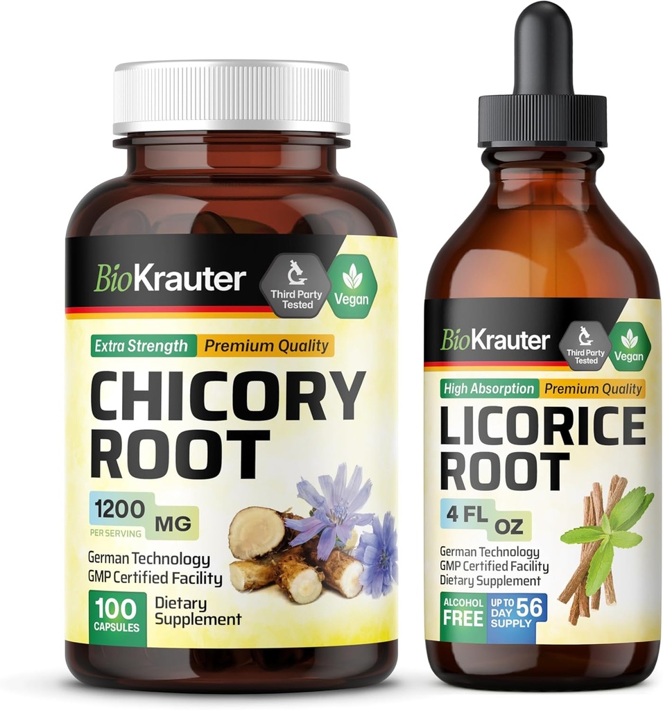 BIO KRAUTER Chicory Root 100 Capsules & Licorice Root Tincture 4 Fl. Oz.