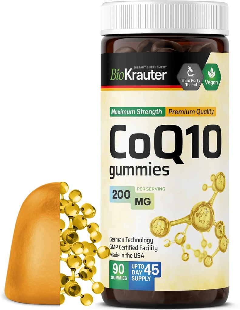 BIO KRAUTER CoQ10 200mg Gummies - 90 Végétaux Chews - Coenzyme Q10 Supplément - Gummies antioxydantes à base de pectine pour adultes