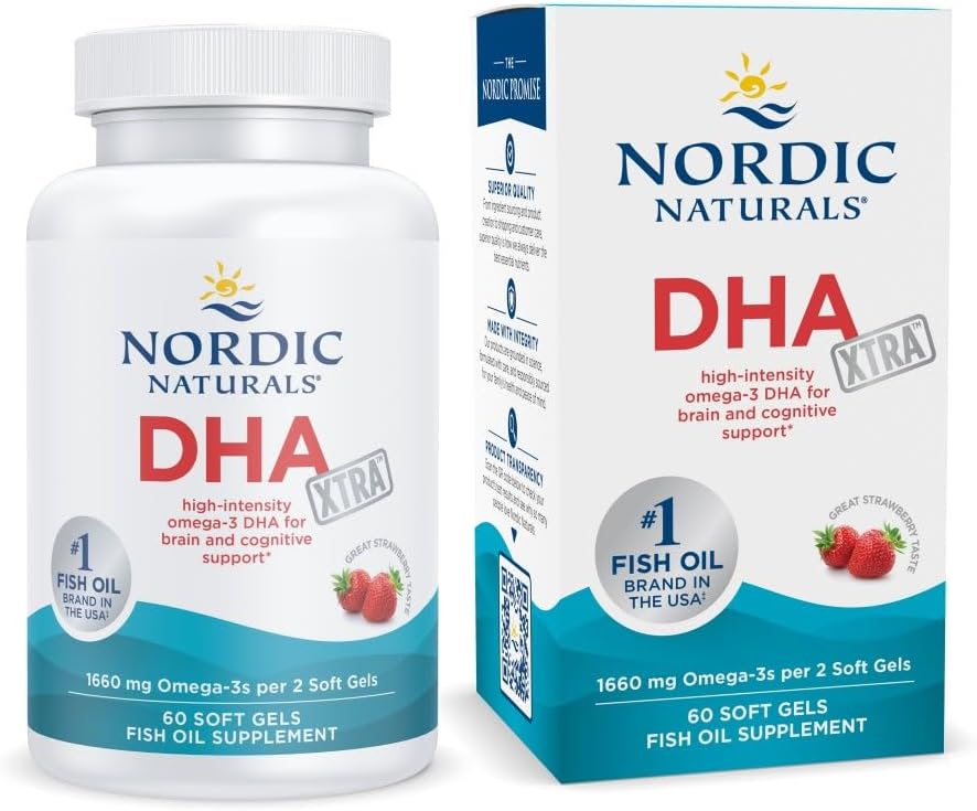 Nordic Naturals DHA Xtra, fraise - 60 gels mous - 1660 mg Oméga-3 - Formule DHA haute intensité pour le cerveau et le système nerveux - Non-OGM - 30 portions