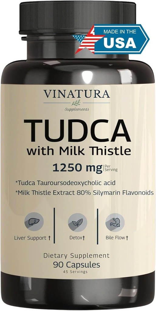VINATURA TUDCA Thistle de lait 1250mg - Supplément Tudca, Sels de bile de Tudca, Support du foie, Suppléments de vésicules *USA Fabriqué et testé* Supplément sel de bile - 90 Capsules