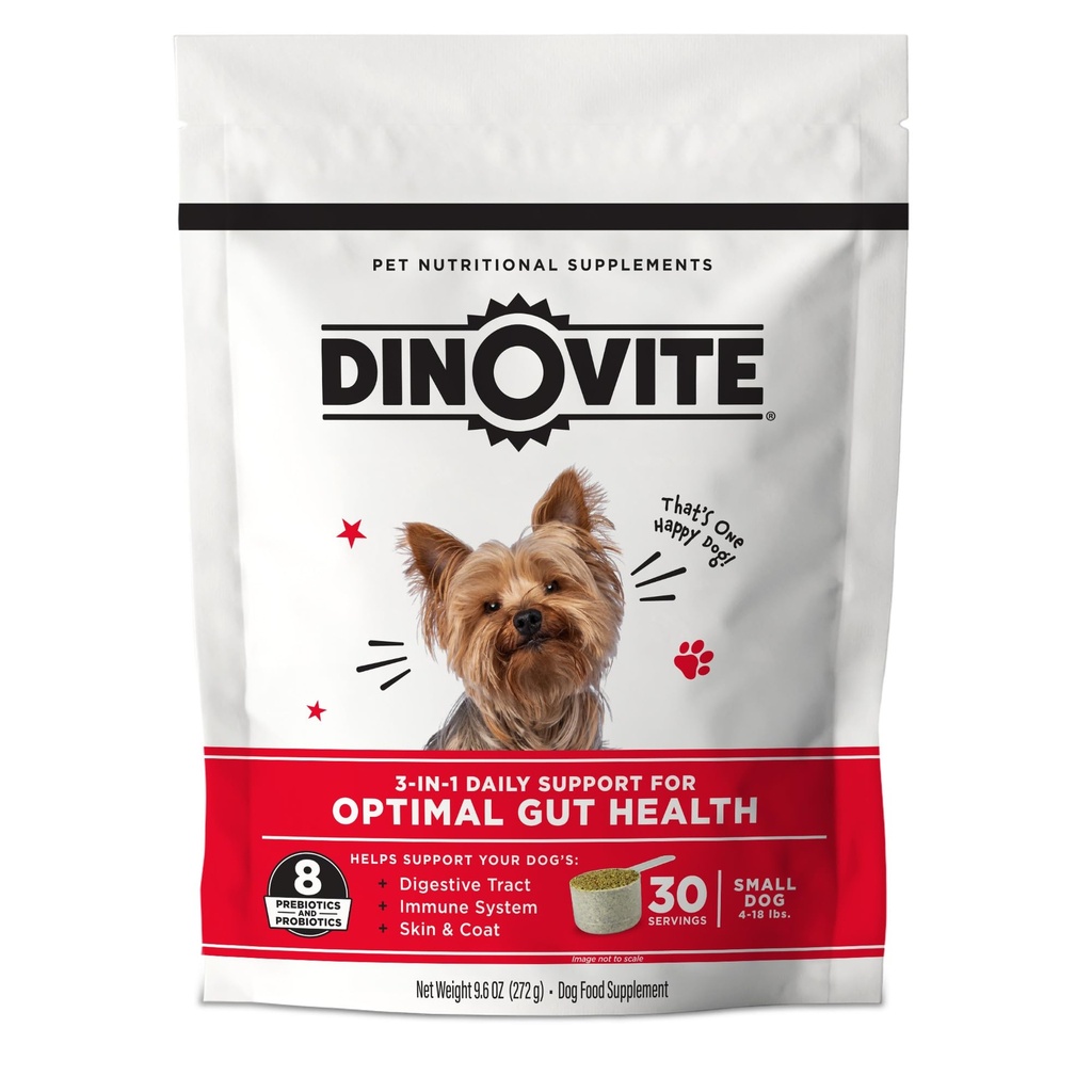 Dinovite 3 en 1 Probiotique pour les petits chiens, la peau et le manteau, la santé digestive et le soulagement articulaire, les couvre-aliments pour chiens, le soutien immunitaire, le soulagement de l'allergie et du démangeaison soins de la peau, 30 portions (1-18lb)