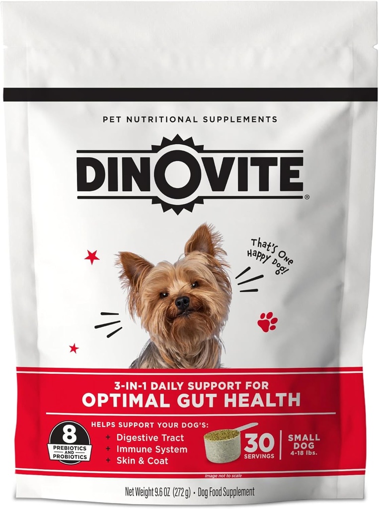 Dinovite 3 en 1 Probiotique pour les petits chiens, la peau et le manteau, la santé digestive et le soulagement articulaire, les couvre-aliments pour chiens, le soutien immunitaire, le soulagement de l'allergie et du démangeaison soins de la peau, 30 portions (1-18lb)