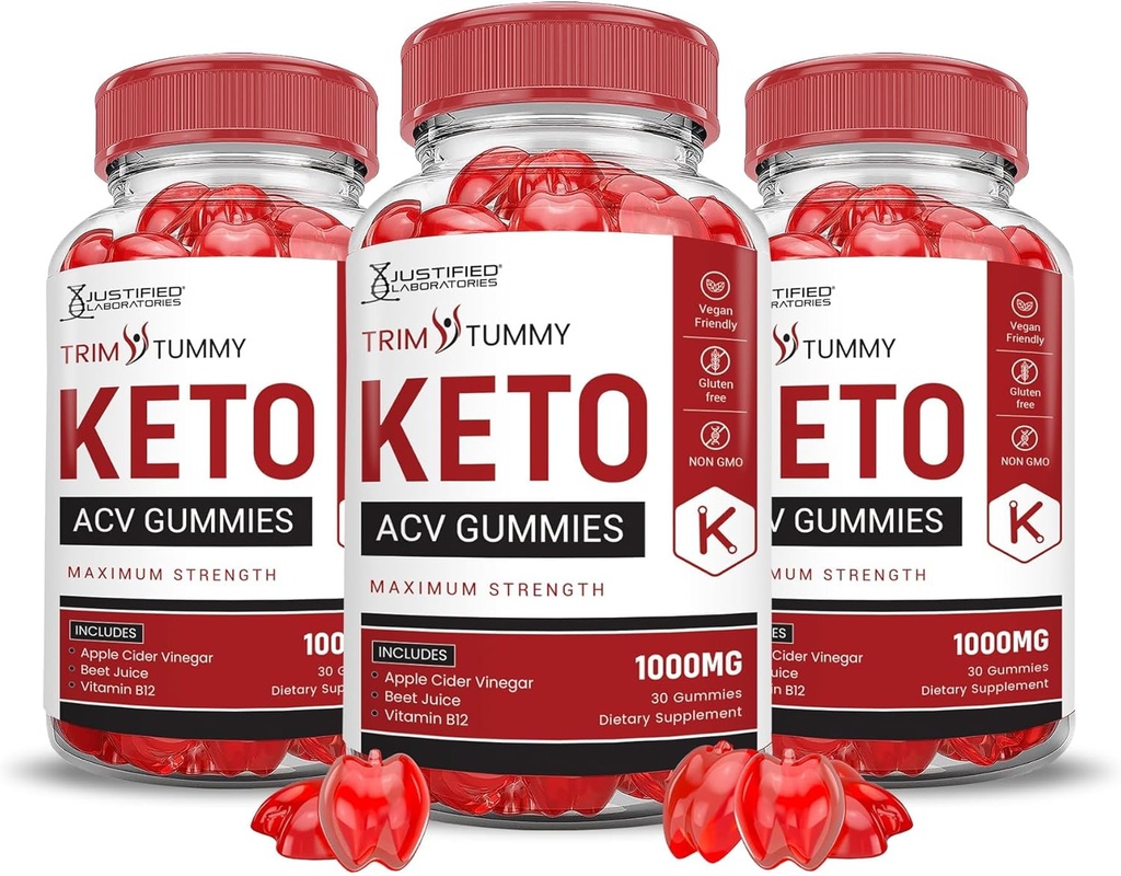 Justified Laboratories (3 Pack Trim Tummy Keto ACV Apple Cider Vinegar Formulated with Pomegranate Beet Juice Powder B12 Vegan Non GMO 180 Gummies
