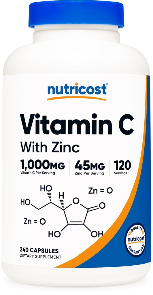 Nutricost vitamine C avec capsules de zinc, 120 portions - 1000mg, 45mg zinc, non-OGM, supplément de vitamine C sans gluten