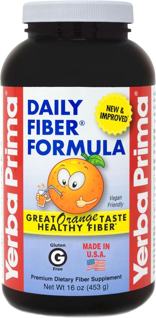 Yerba Prima Orange Daily Fibre Formule 1livre - Non-OGM, Sans gluten, Fabriqué aux États-Unis, Délicieux goût naturel orange