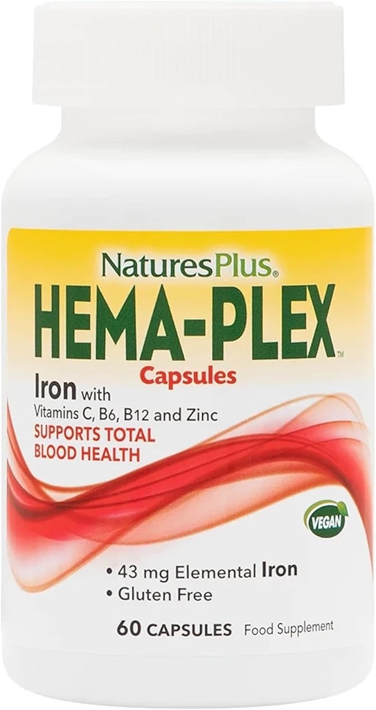 NaturesPlus Hema-Plex Fer - 60 capsules à action rapide - 85 mg de fer chélaté - Santé totale du sang - avec vitamine C et bioflavonoïdes - végétalien, sans gluten - 30 portions
