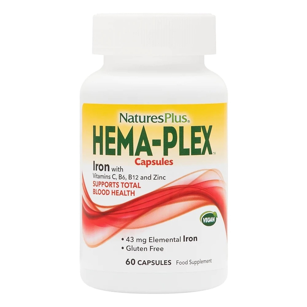 NaturesPlus Hema-Plex Fer - 60 capsules à action rapide - 85 mg de fer chélaté - Santé totale du sang - avec vitamine C et bioflavonoïdes - végétalien, sans gluten - 30 portions