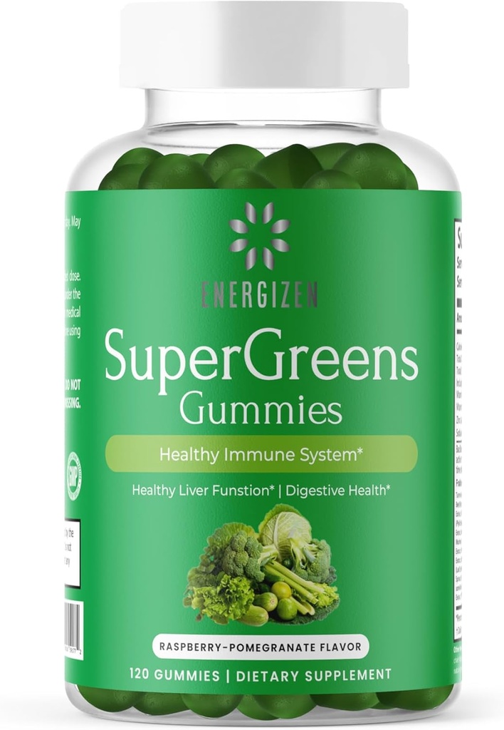 Gummies Plus Green Superfood - soutient le foie sain, la santé digestive et le système immunitaire - végétalien, non-OGM, sans gluten - framboise et grenade saveur - 120 comte
