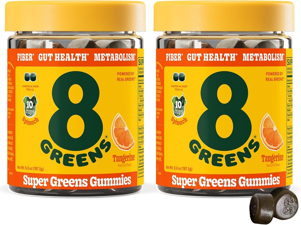 8Greens Daily Fibre Super Greens Gummies - Tangerine Saveur: Boost Système immunitaire et santé digestive avec 8 Real Greens - Formule non-OGM, Chewables, 50 Gommies végétaliens, Pack de 2