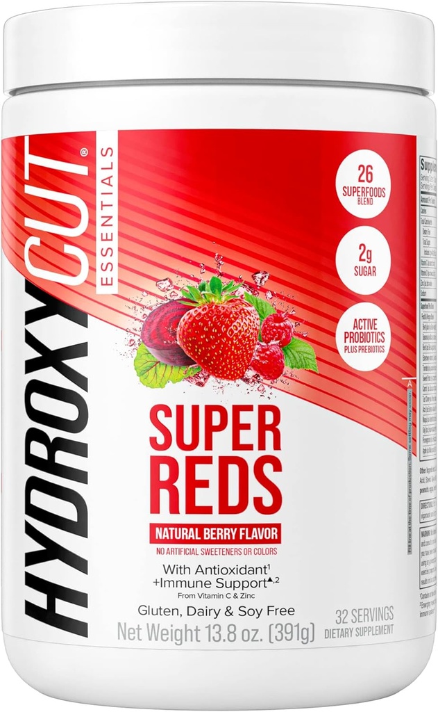Hydroxycut Essentials Super Rouges Poudre super-alimentaires de Vitamine C & Zinc pour Immmune Support Probiotiques de 26 Superfood Blend de soja, de gluten et de lait (32 portions)