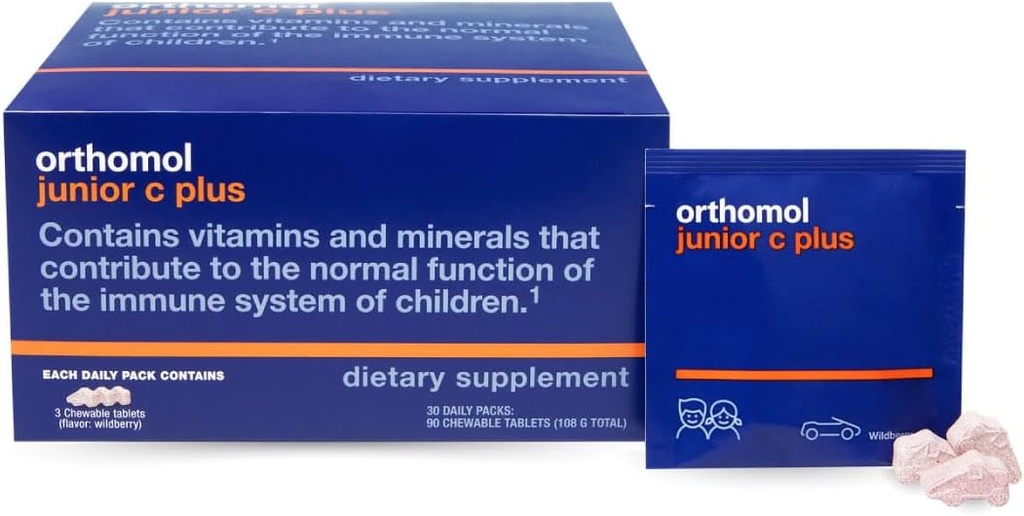 Orthomol Immun Junior C Plus, Multivitamine enfant, Saveur de baies sauvages, 30 jours d'approvisionnement