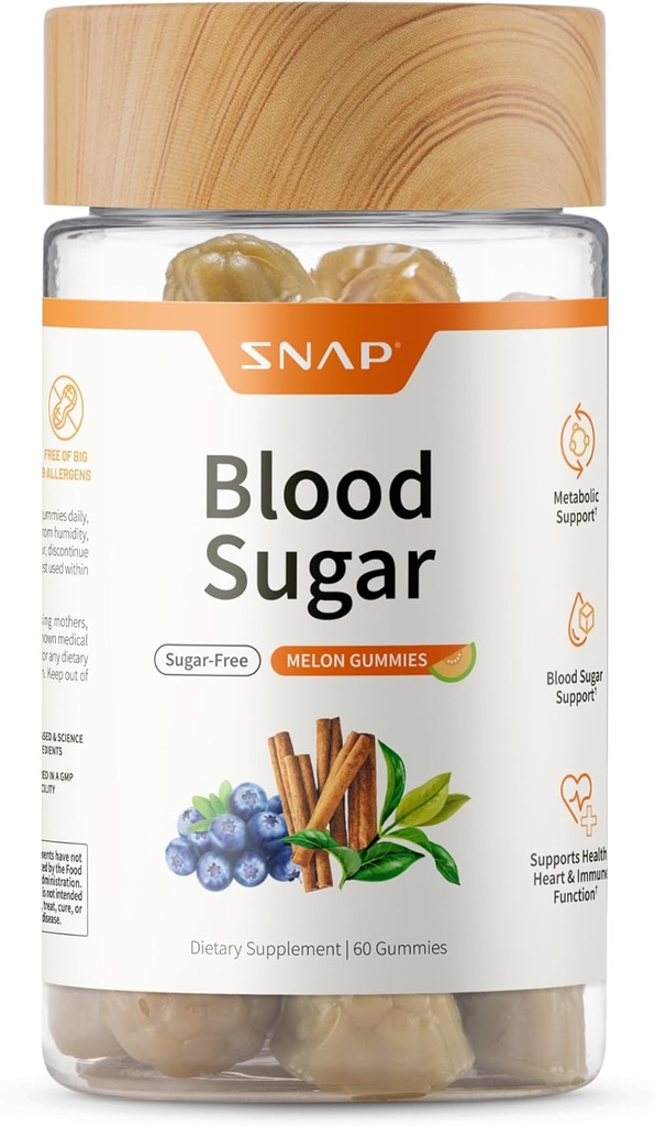 Snap suppléments de sucre de sang Gummies, soutenir les niveaux de sucre de sang sain et le métabolisme du sucre, mélange de sucre de sang à croquer, l'écorce de cannelle et l'extrait de fruits de myrtilles, saveur de Melon naturel, 60 Gummies