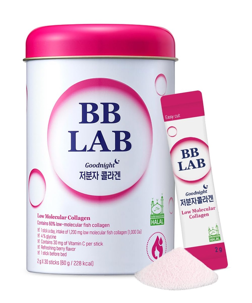BB LAB Good Night Low Molecular Collagen Powder Stick Supplément, Halal Certified, Korean Marine Collagen, Peptides de collagène de poisson, Vitamine C, Glycine, Absorption rapide, Mix Berry Flavor