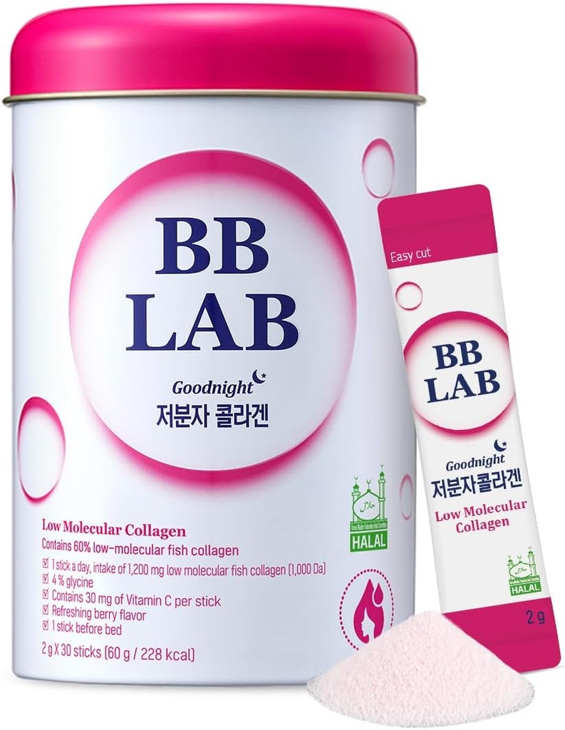 BB LAB Good Night Low Molecular Collagen Powder Stick Supplément, Halal Certified, Korean Marine Collagen, Peptides de collagène de poisson, Vitamine C, Glycine, Absorption rapide, Mix Berry Flavor