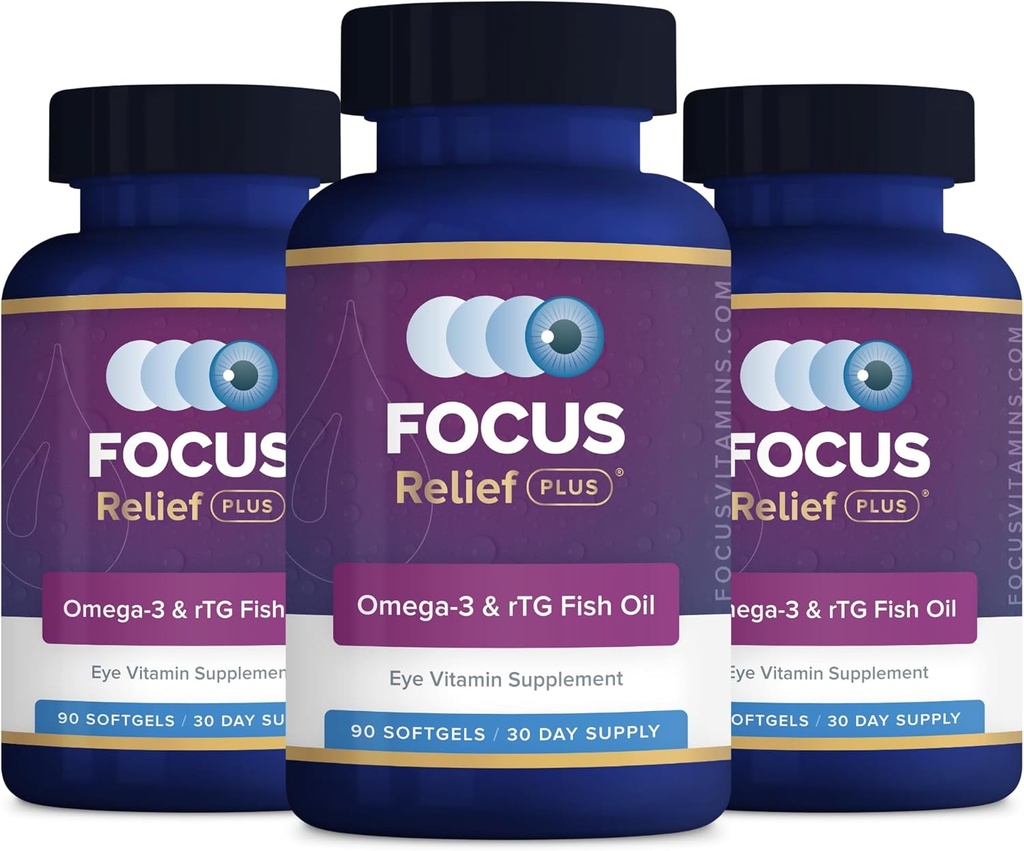 Focus Relief Plus Formule oeil sec (270 ct. 90 jours d'approvisionnement) Supplément oeil sec Omega 3 - Supplément oeil sec Relief - Omega 3 Huile de poisson pour œil sec