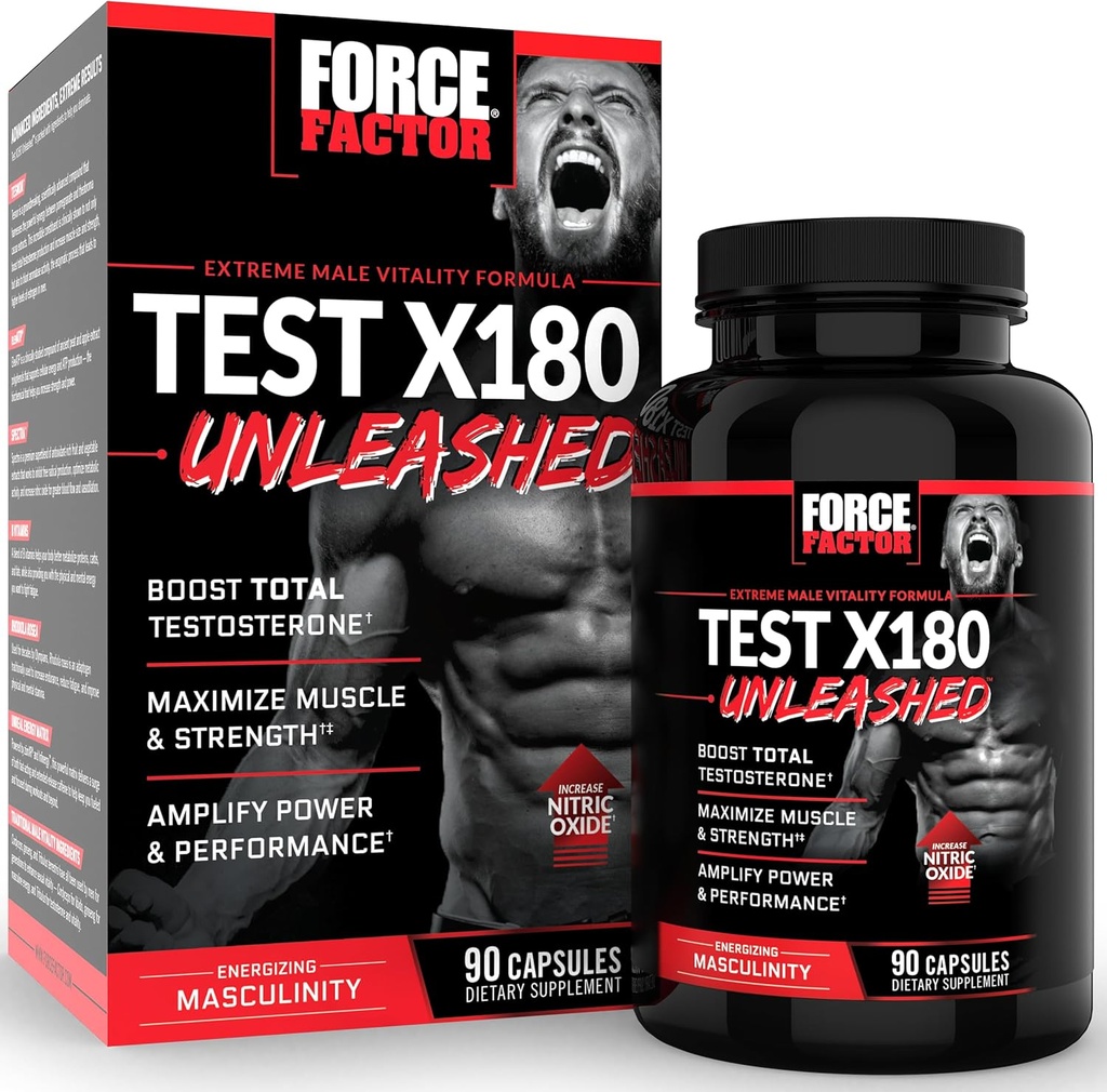 FORCE FACTOR Test X180 Unleashed Testostérone Booster pour les hommes pour construire le muscle, augmenter la force, et améliorer la performance, supplément de testostérone pour la santé des hommes, 90 capsules