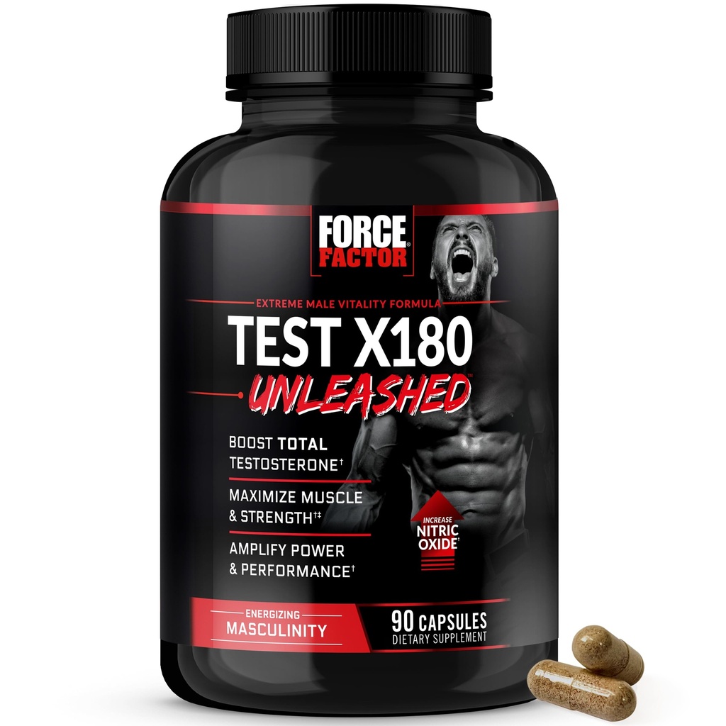 FORCE FACTOR Test X180 Unleashed Testostérone Booster pour les hommes pour construire le muscle, augmenter la force, et améliorer la performance, supplément de testostérone pour la santé des hommes, 90 capsules