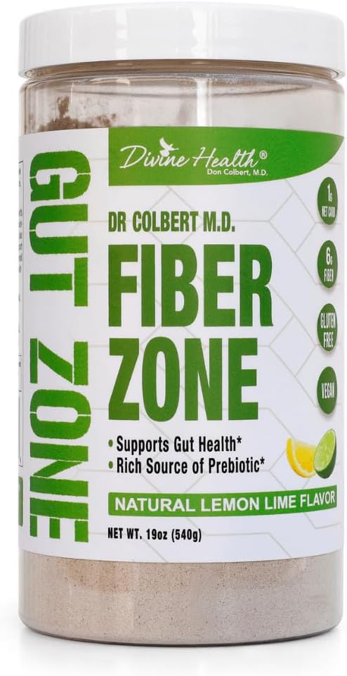 Santé Divine Dr Colbert, MD Fiber Zone Powder (en poudre) Lemon-Lime Flavor Prébiotiques (en poudre) 6g Psyllium Husk Inulin Fiber (en poudre) Recommandé dans Healthy Gut Zone Book (19 oz) 60 portions