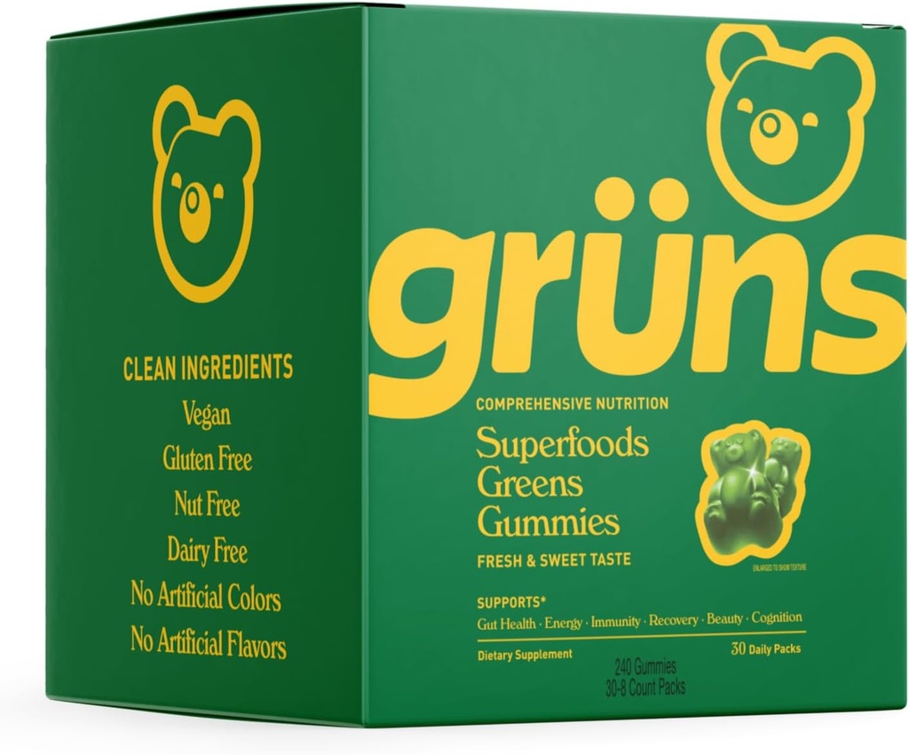 Gruns Super Greens Ours gommy - Spiruline biologique et Chlorella, Prébiotiques pour la santé digestive, 20+ Vitamines et Minéraux - 30 sachets - 240 Gummies