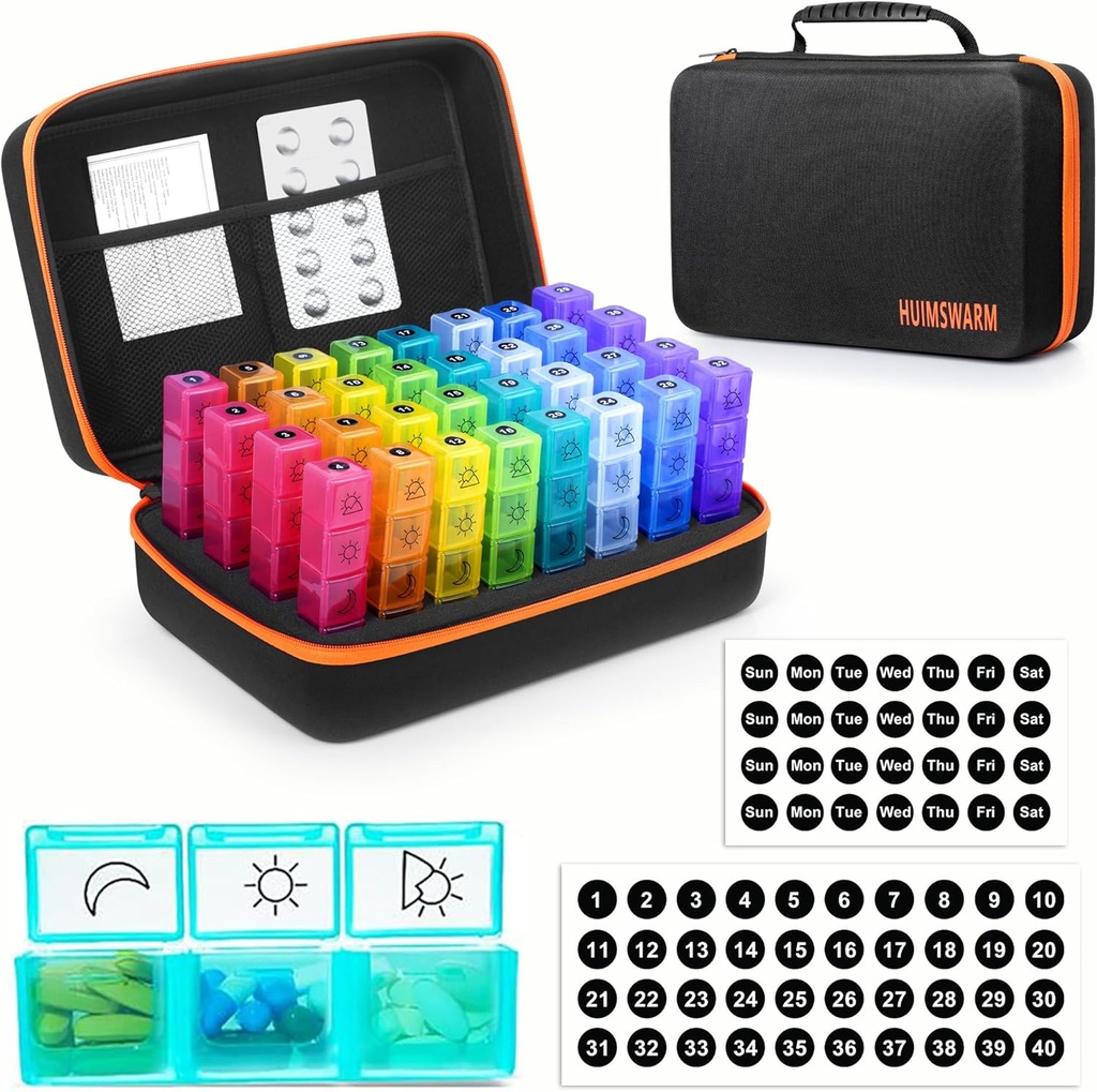 Organisateur mensuel de pilules 3 fois par jour, Organisateur de pilules 3 fois par jour avec 32 jours Sticker&4 semaines Sticker&32 Compartiments quotidiens, tenir les vitamines, suppléments et médicaments. Boîte à pilules sans odeur et saine