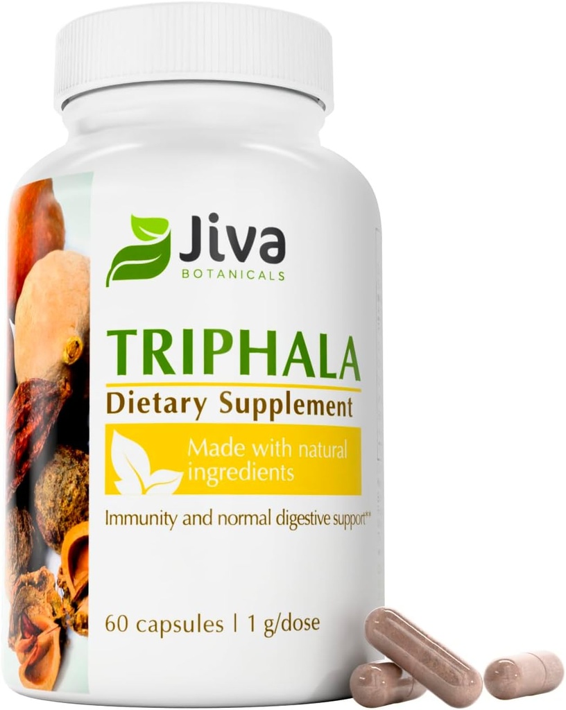 Jiva Botanicals Triphala Supplément - Triphala Capsules faites avec Amalaki, Bibhitaki et Haritaki Poudre pour la santé normale digestif et système immunitaire normal - 60 Capsules