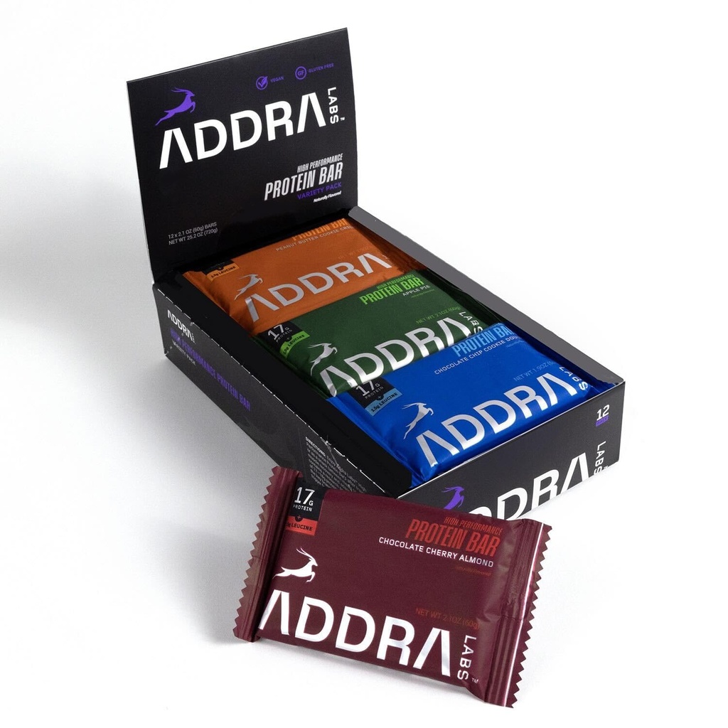 Barres protéinées ADDRA - Barres de récupération musculaire sans gluten, haute protéine pour les coureurs, 17g de protéines + 1,5g BCAA Leucine, faible teneur en sucre, végétalien, à base végétale, et les arômes laitiers, boîte de variétés de cas mixtes, 12-pack
