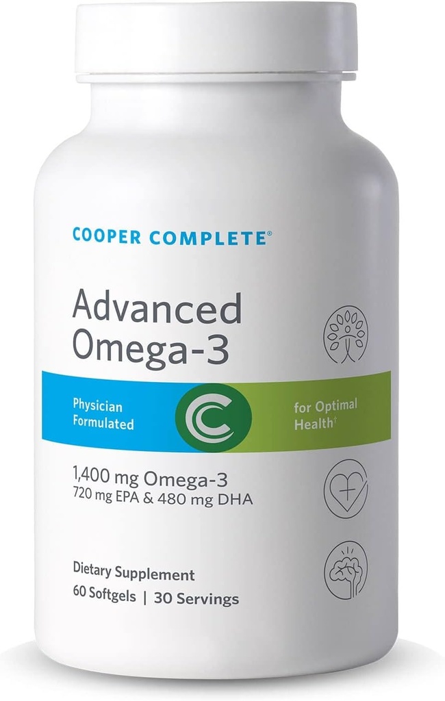 Cooper Complete - Omega avancé 3 - Supplément huile de poisson, EPA concentré + acide gras Omega-3 DHA 1400 mg - 60 Softgels par bouteille. Boîte de 2