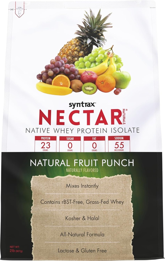 Syntrax Nectar Naturals, toutes les protéines naturelles de lactosérum sont isolées, lisses et juteuses, punch de fruits naturels, 2 lbs.