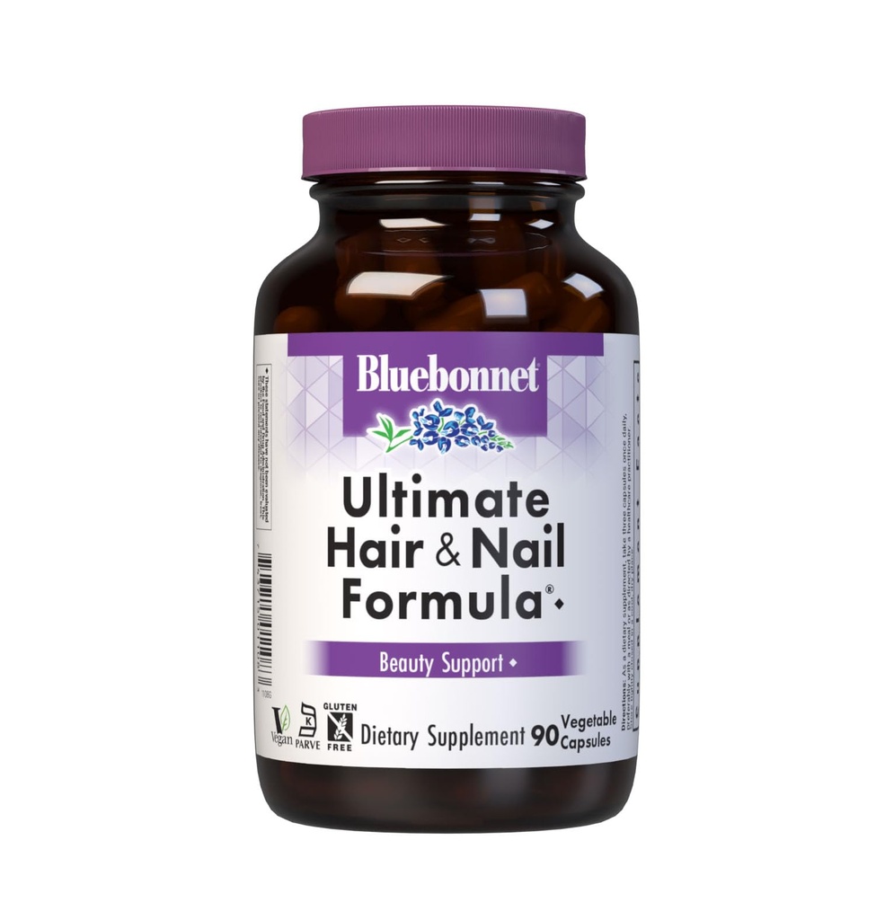 BlueBonnet Nutrition Formule ultime pour cheveux et ongles, vitamines, minéraux, nutriments spéciaux pour la beauté à l'intérieur, sans gluten, sans cacher, sans lait, végétalien, 90 capsules végétales, 30 portions, blanc
